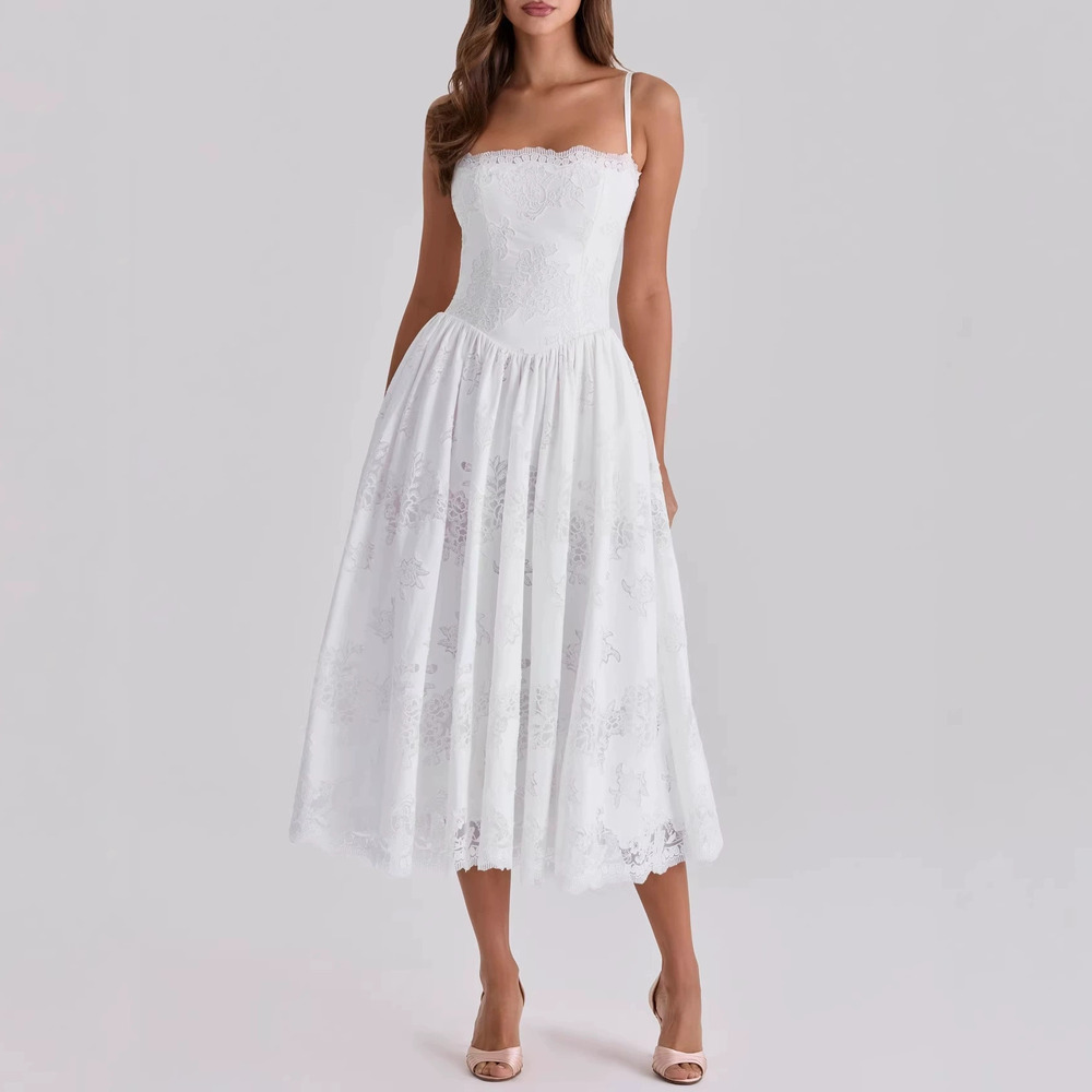 Zara Lace Panel Fitted Waist Spaghetti Strap Maxi Dress Rustic